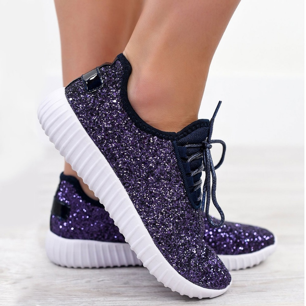 NEW🔥 Navy Glitter Lace-Up Low Top Fashion Sneakers Light-Weight Slip-On - Picture 2 of 3